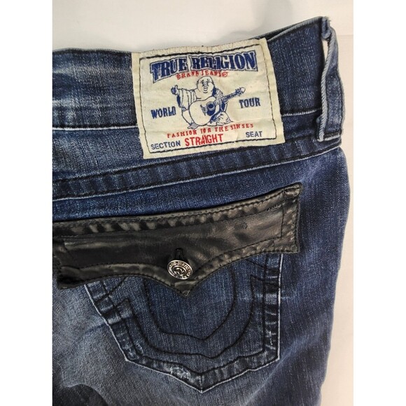 True Religion Jeans Mens 36x30 Straight With Black Leather Pocket Flaps - Picture 11 of 14